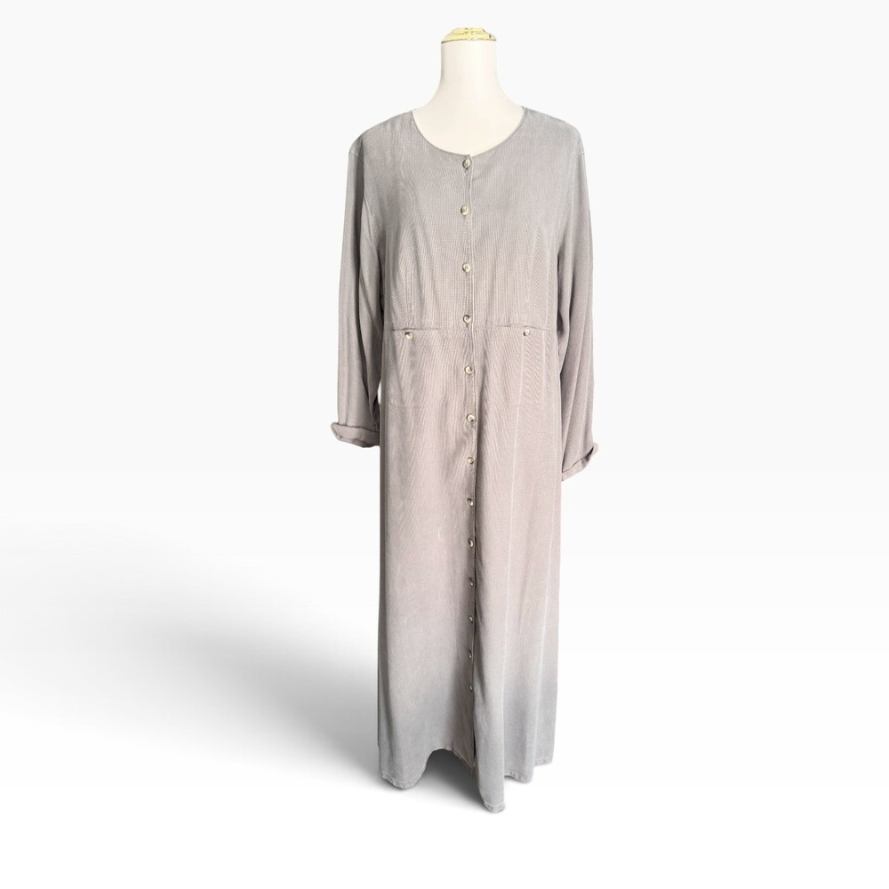 Vintage 90s Nordstrom Tencel Maxi Dress XL Button Front Pockets Taupe